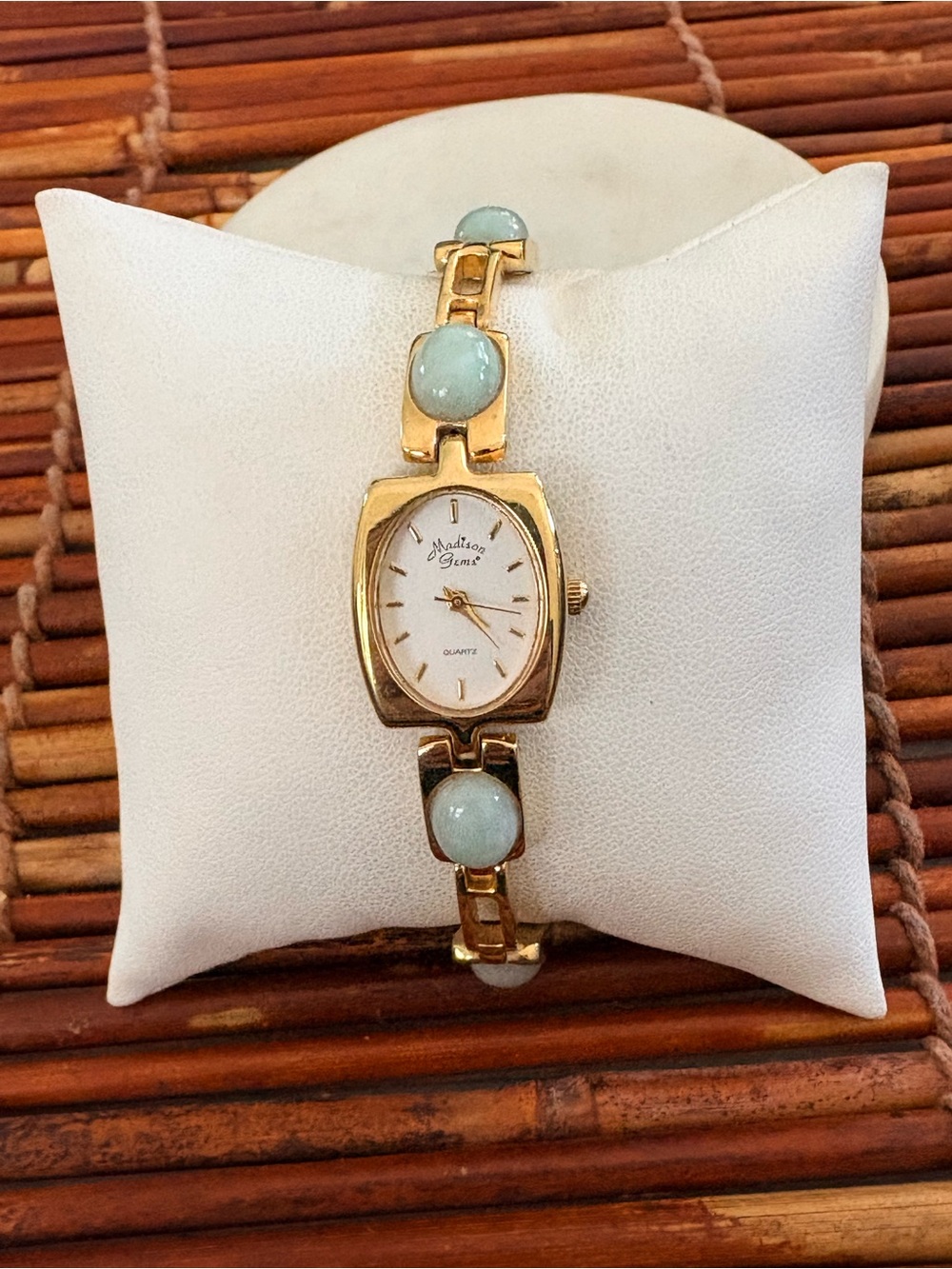 Madison Gems Gold Tone Bracelet Watch with Light Blue Stones Needs Battery